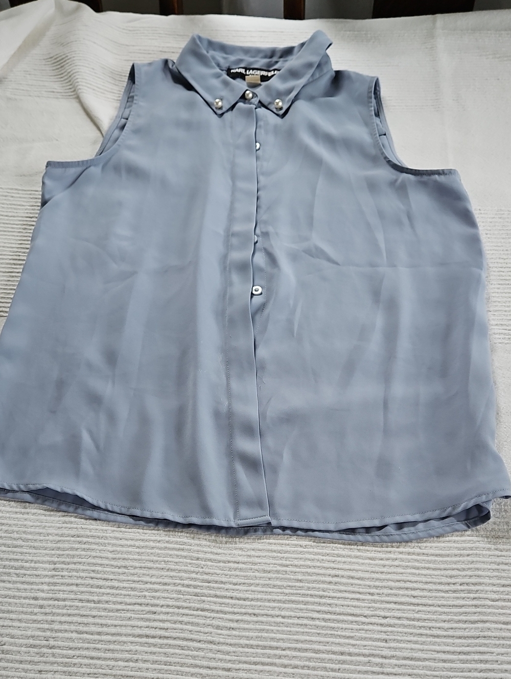 Karl Lagerfeld Powder Blue Sleeveless Button-Down Top with Pearl Collar
